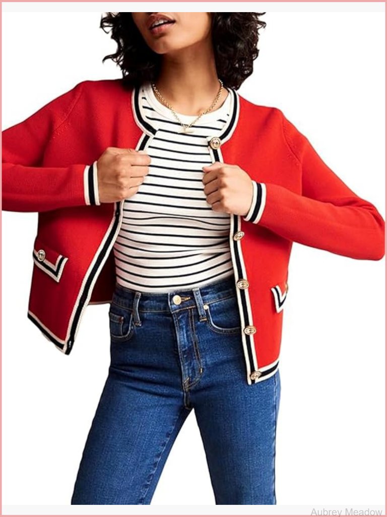 Open Front Color Block Cardigan Sweater Button Down Knit Tweed Jacket Cropped